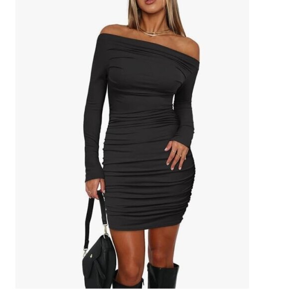 Off Shoulder Dress Sexy Bodycon Long Sleeve Mini Dress Ruched - Picture 1 of 7